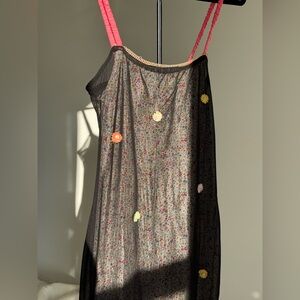 Floral Sheer Black Dress with Pink Straps